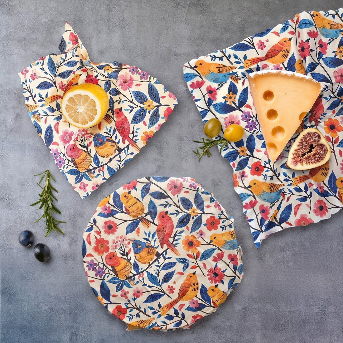 Bivaxdukar 3 pack med fåglar och blommor tillsammans med matvaror