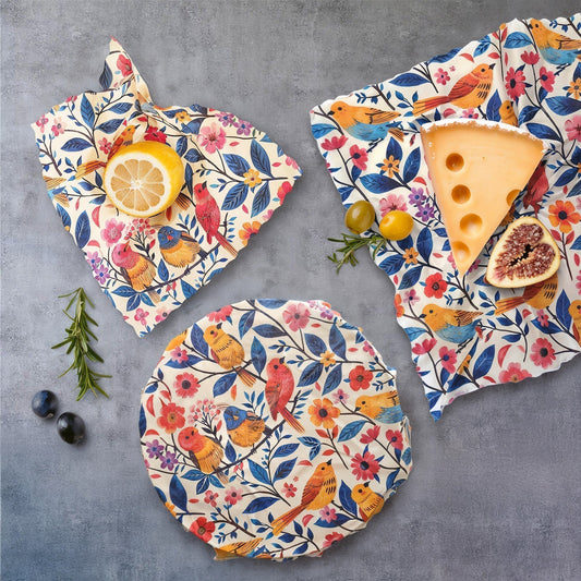 Bivaxdukar 3 pack med fåglar och blommor tillsammans med matvaror